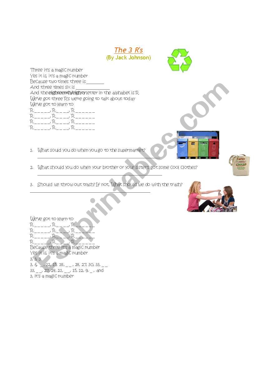 Reduce, reuse, recycle worksheet