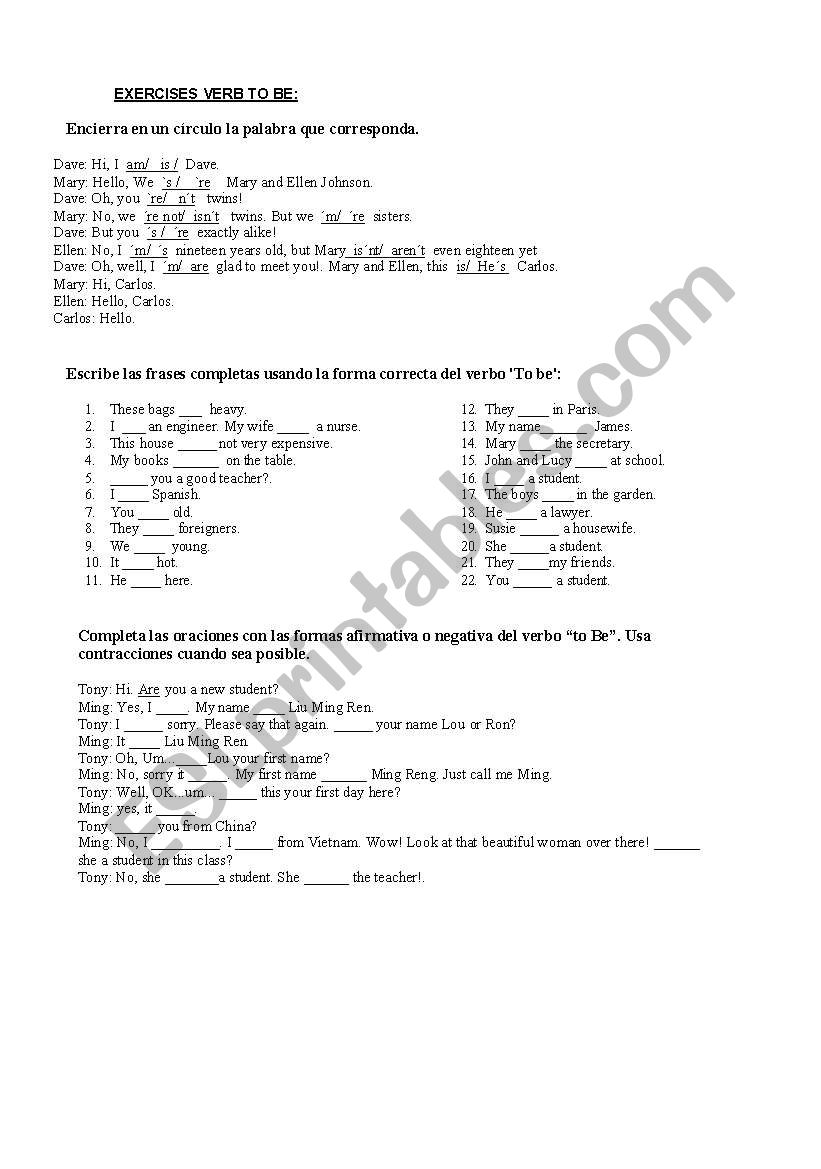 Verb to be exercises worksheet