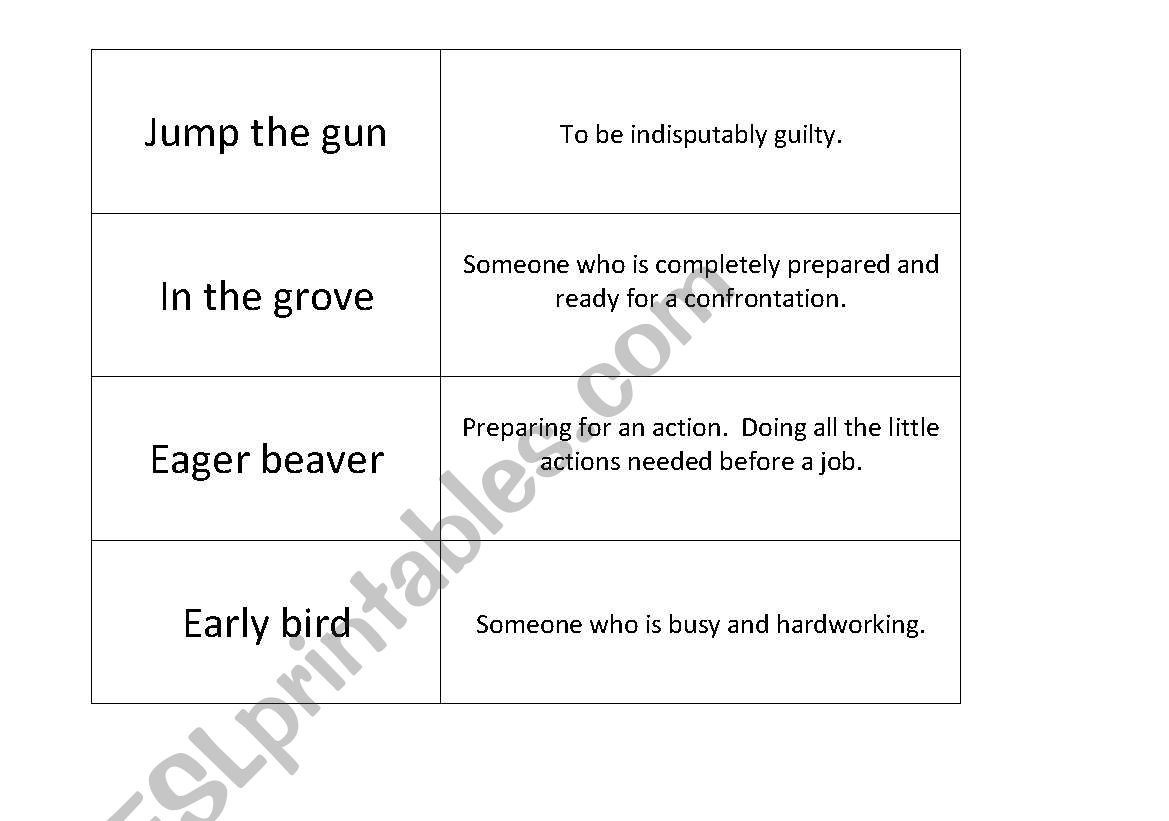 Idioms and their meanings matching activity