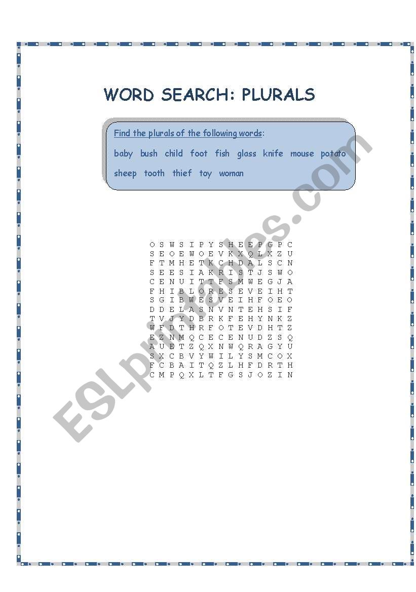 Word search: Plurals worksheet