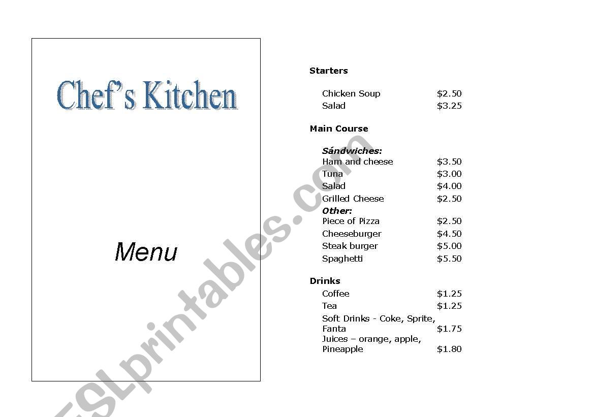 Chefs kitchen worksheet