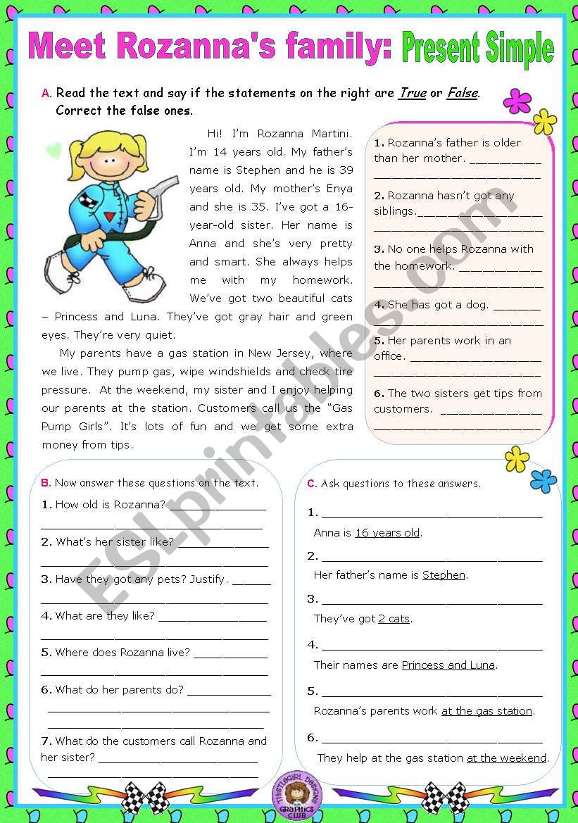 Meet Rozanna´s Family (Simple Present) - Reading Comprehension - ESL  worksheet by mena22