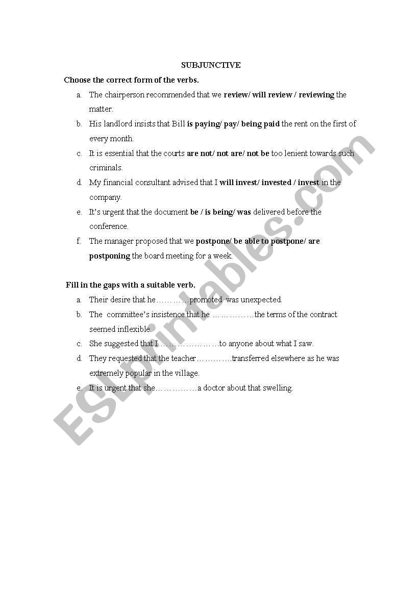 exercises on the subjunctive worksheet