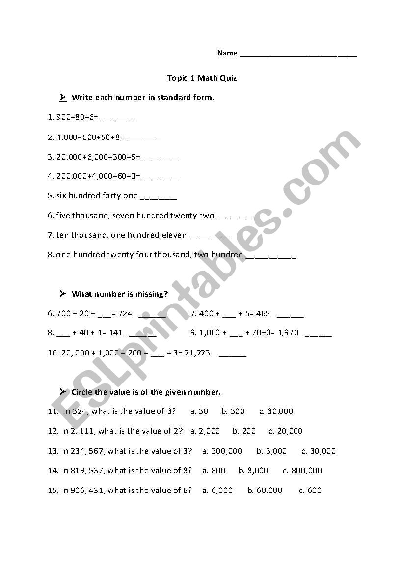 Math Quiz on Standard, Expanded, and Word Fom