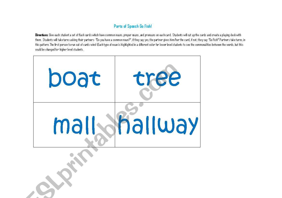 Types of Nouns Go Fish worksheet