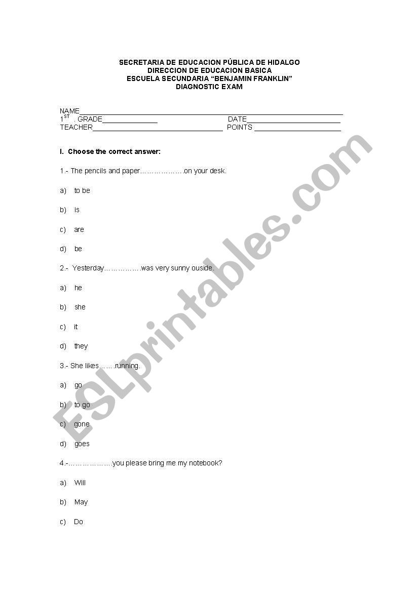 Diagnostic test 7th grade worksheet