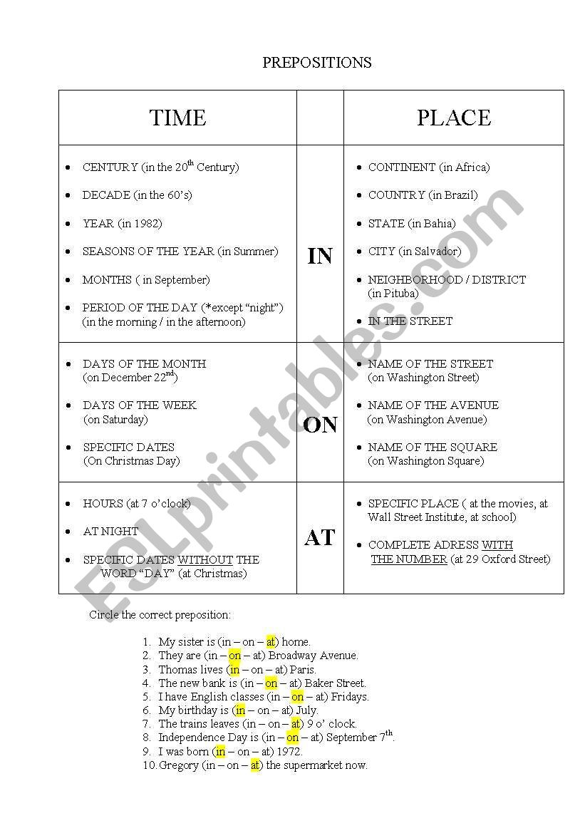 Prepositions worksheet