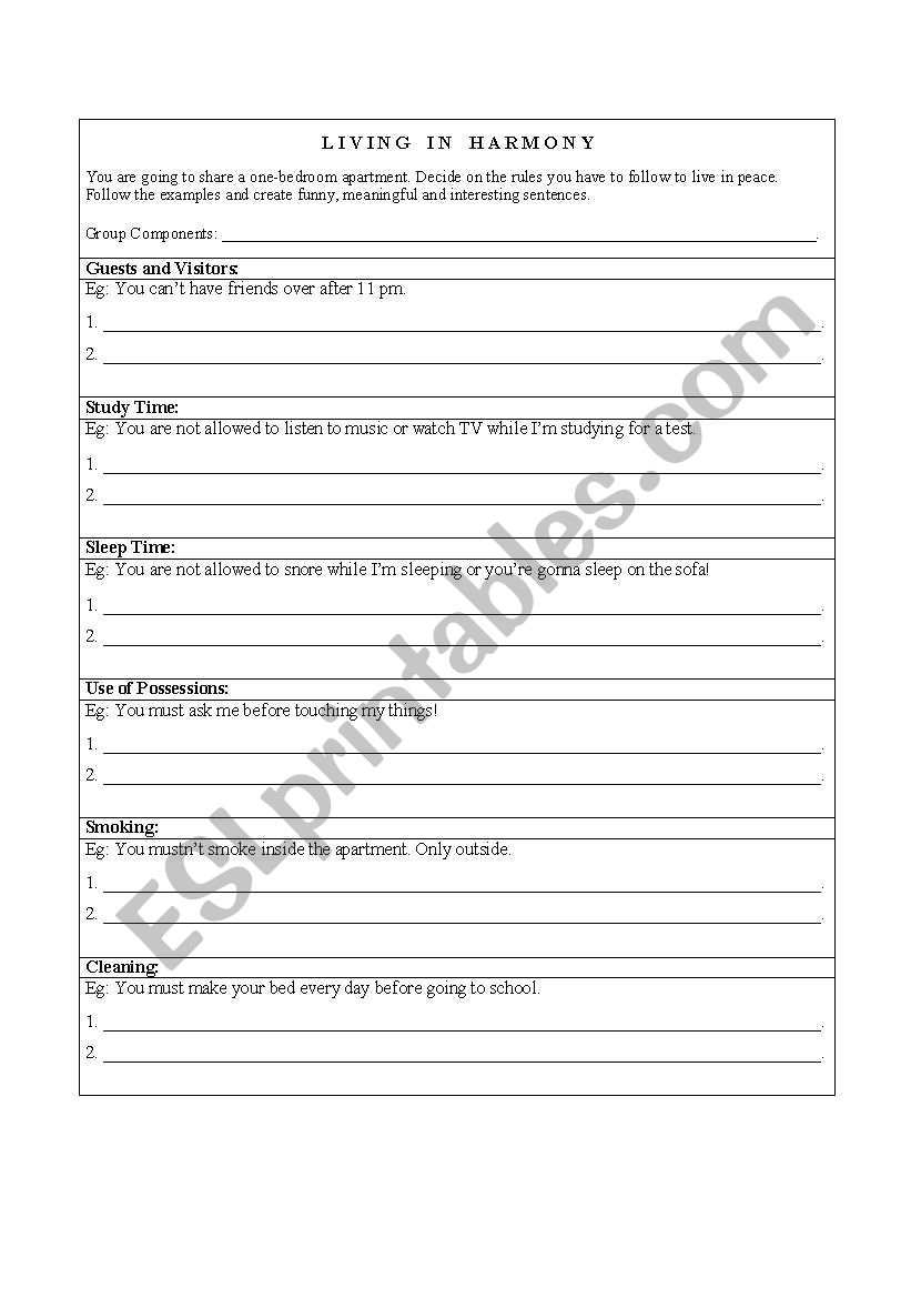 Living in Harmony worksheet