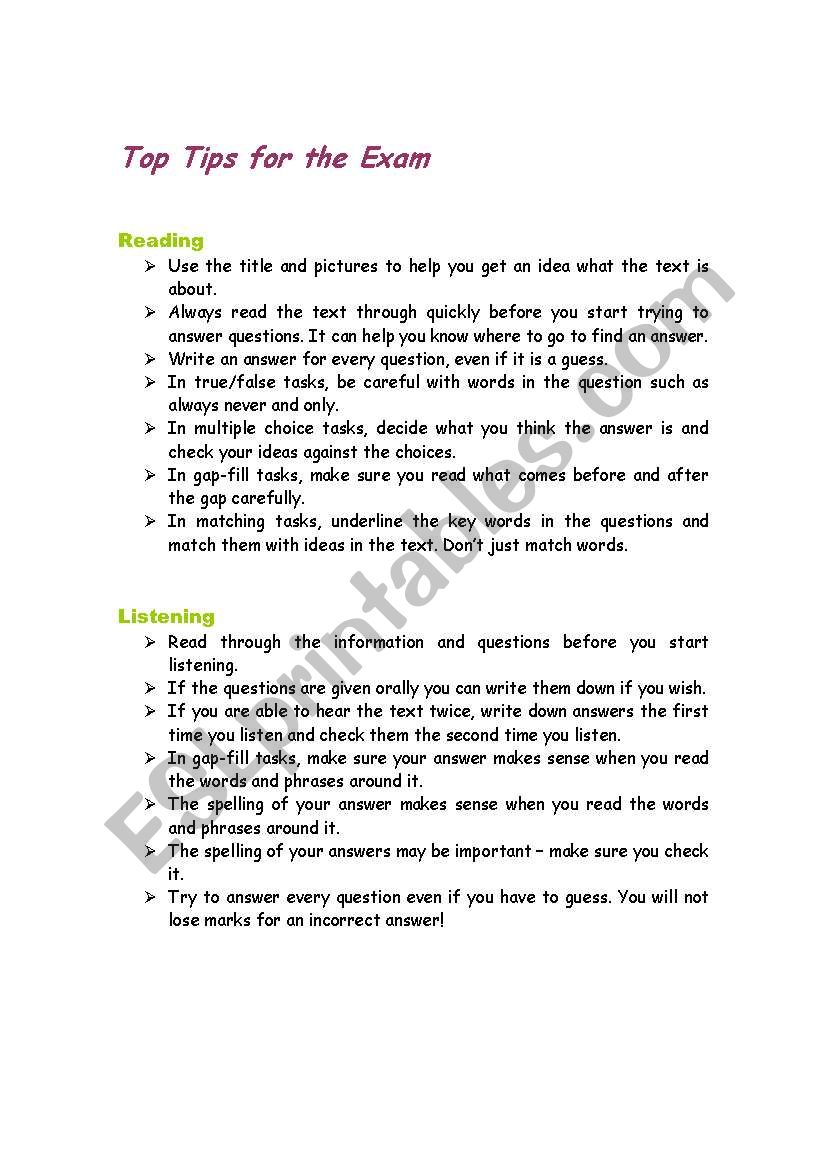 Top Tips for the Exam worksheet
