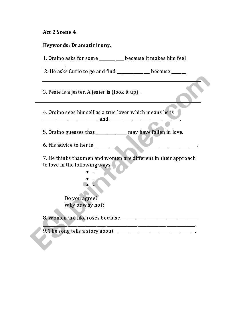 Twelfth Night Close Reading  worksheet