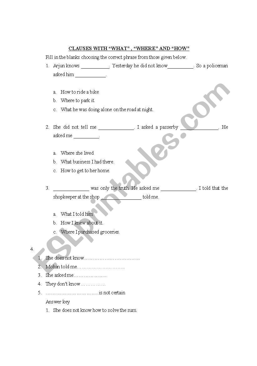 material on clauses worksheet