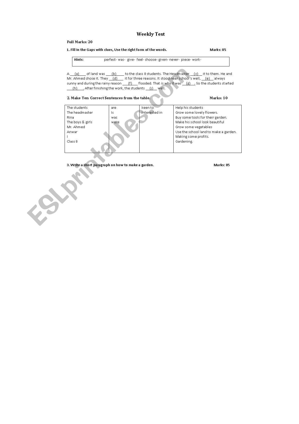 Making Table and filling gaps worksheet