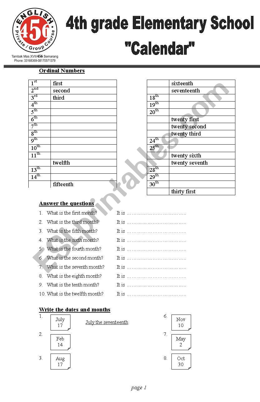 Calendar worksheet