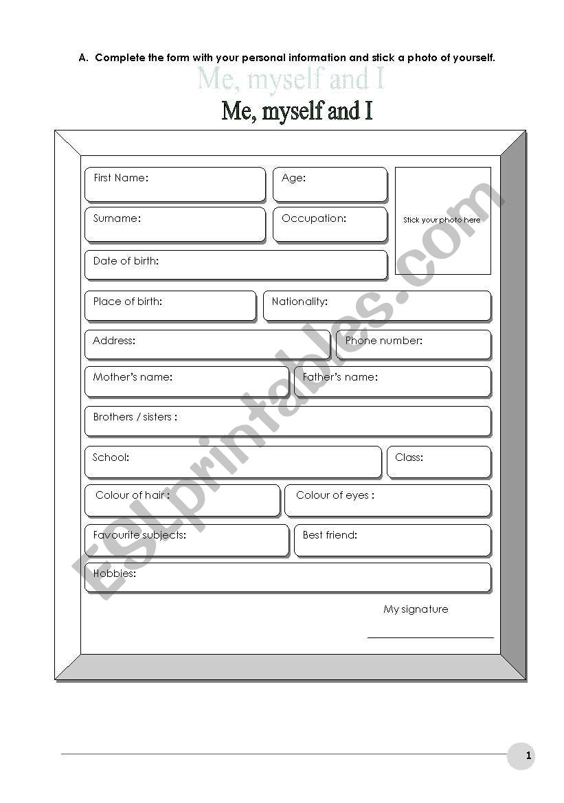 Me, myself and I worksheet