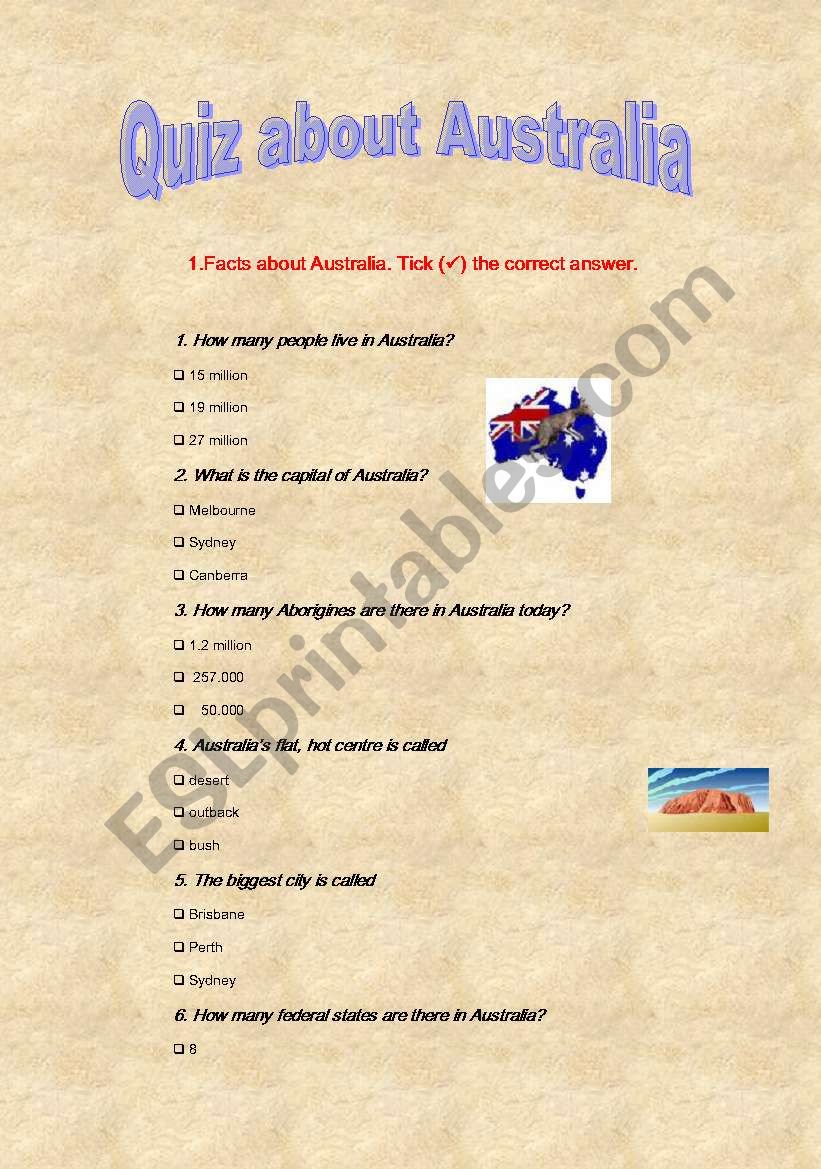 Quiz About Australia ESL Worksheet By Entea66