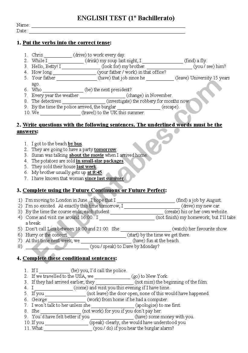 exam 1º BACH - ESL worksheet by viktor70