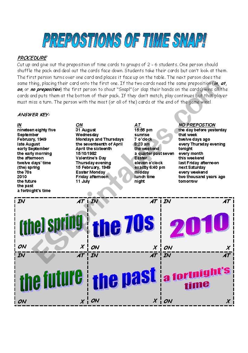 SNAP!  Prepositions of Time worksheet