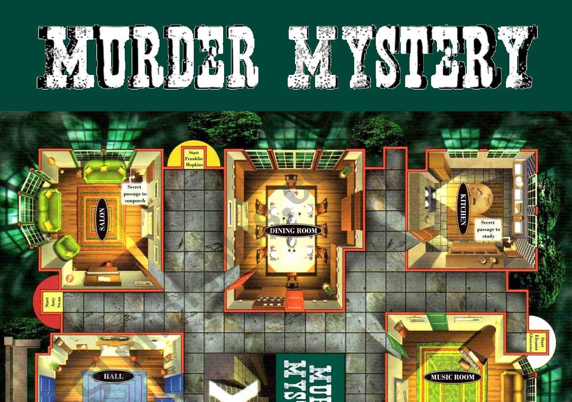 1 of 2 MURDER MYSTERY - Boardgame - Roleplay practise speaking - Board on 2 PAGES