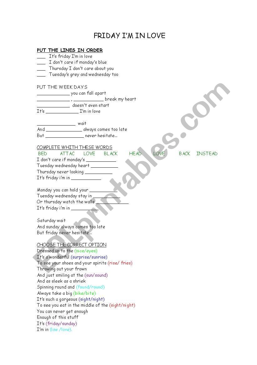 Friday I M In Love By The Cure Esl Worksheet By Lorenaratti