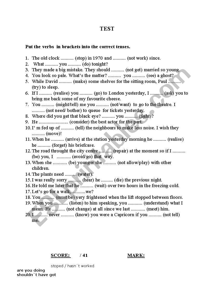 English tences test worksheet