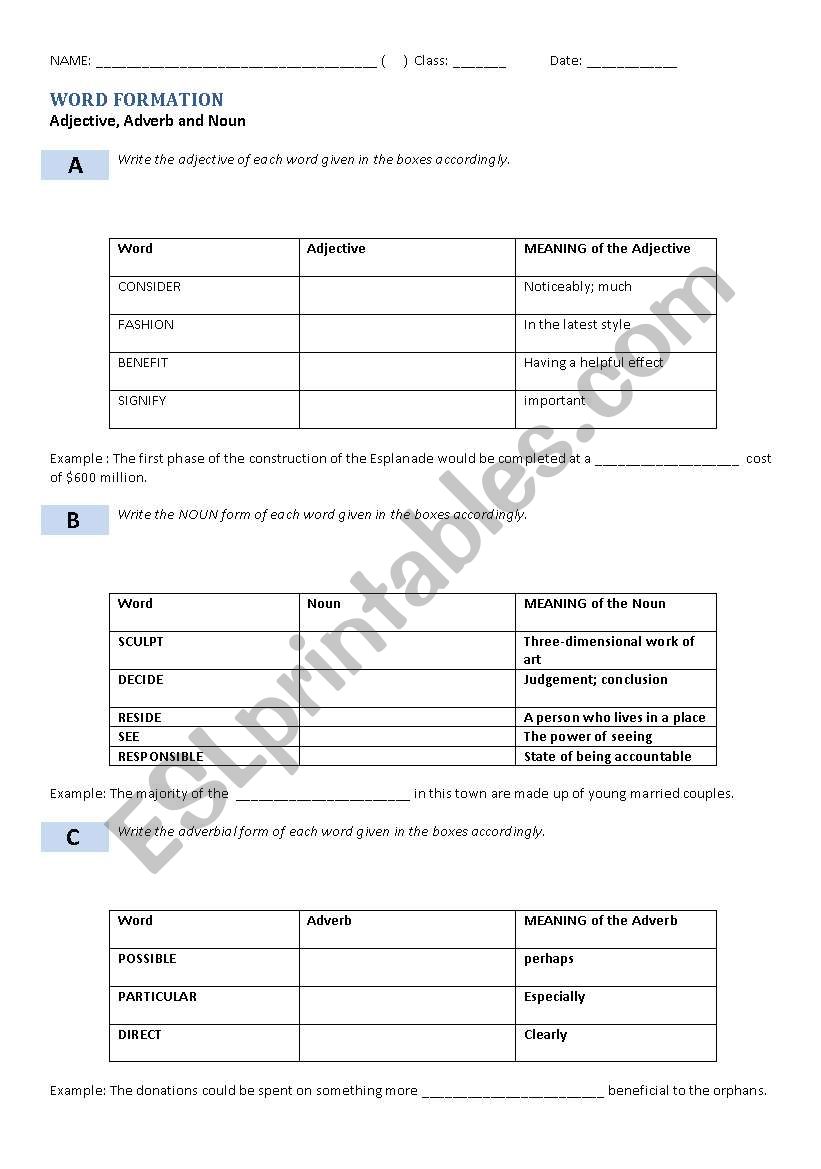 Adjective, Adverb and Noun worksheet