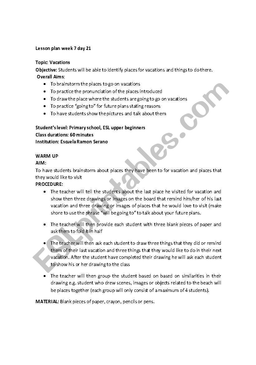 Vacations worksheet