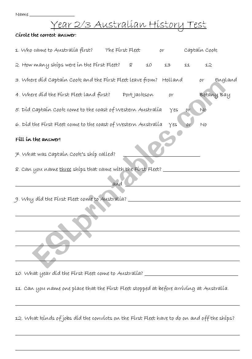 Australian History Test  worksheet