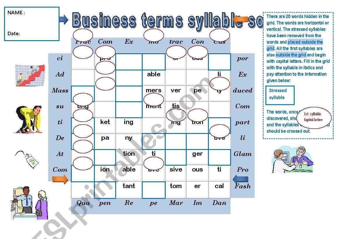 PRONUNCIATION GAME Business terms syllable soup + KEY for the teacher