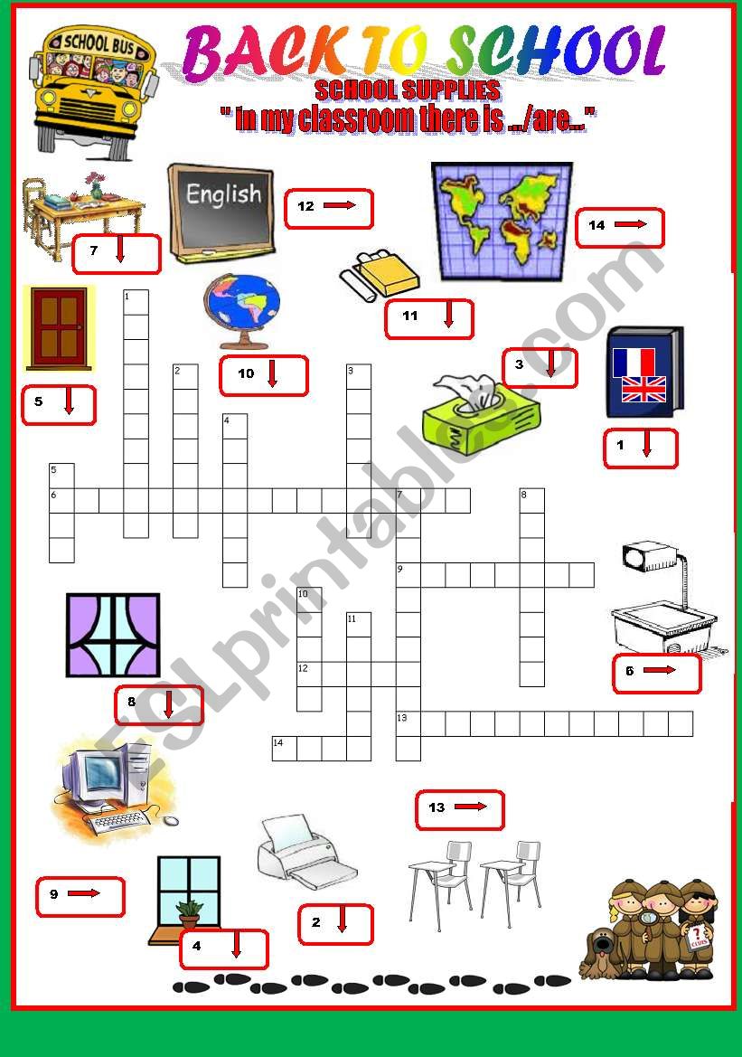 back to school-school  crosswords - classroom objects