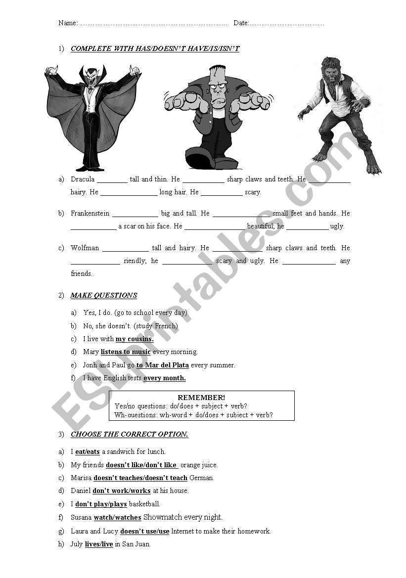 Monsters corner worksheet