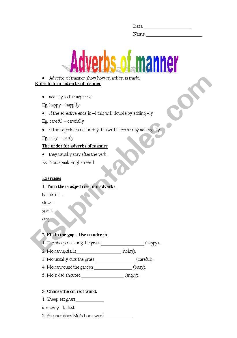 English worksheets: Adverbs of manner