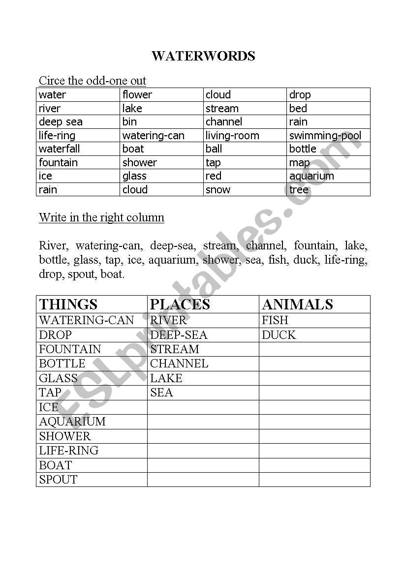 WATER WORDS worksheet