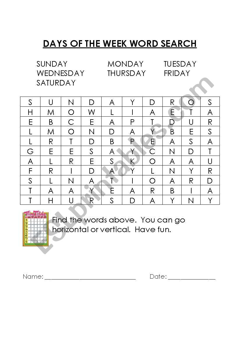 English Worksheets DAYS OF THE WEEK WORD SEARCH