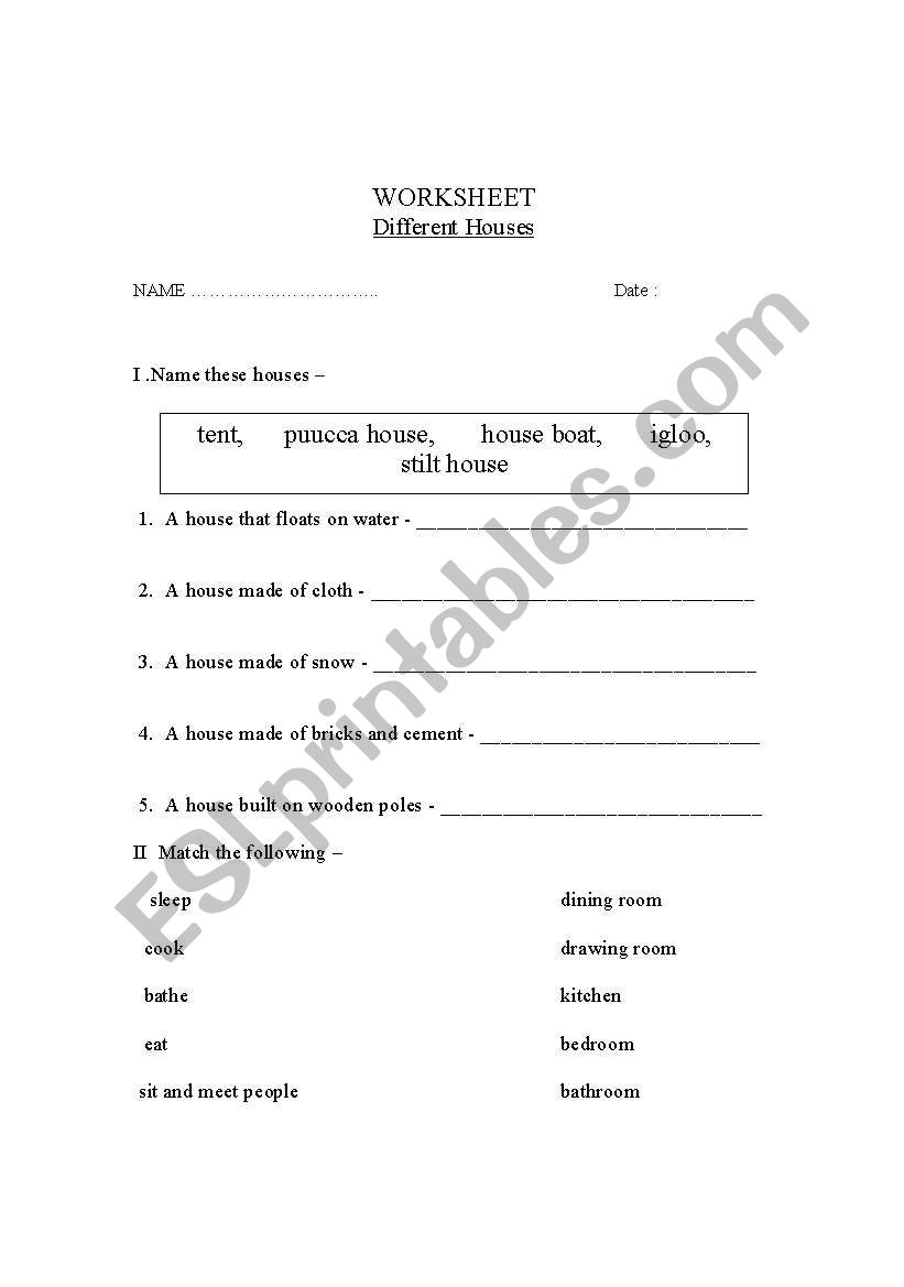 Different Houses and rooms worksheet