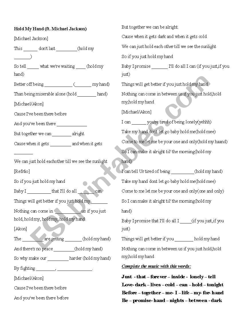 hold my hand  worksheet