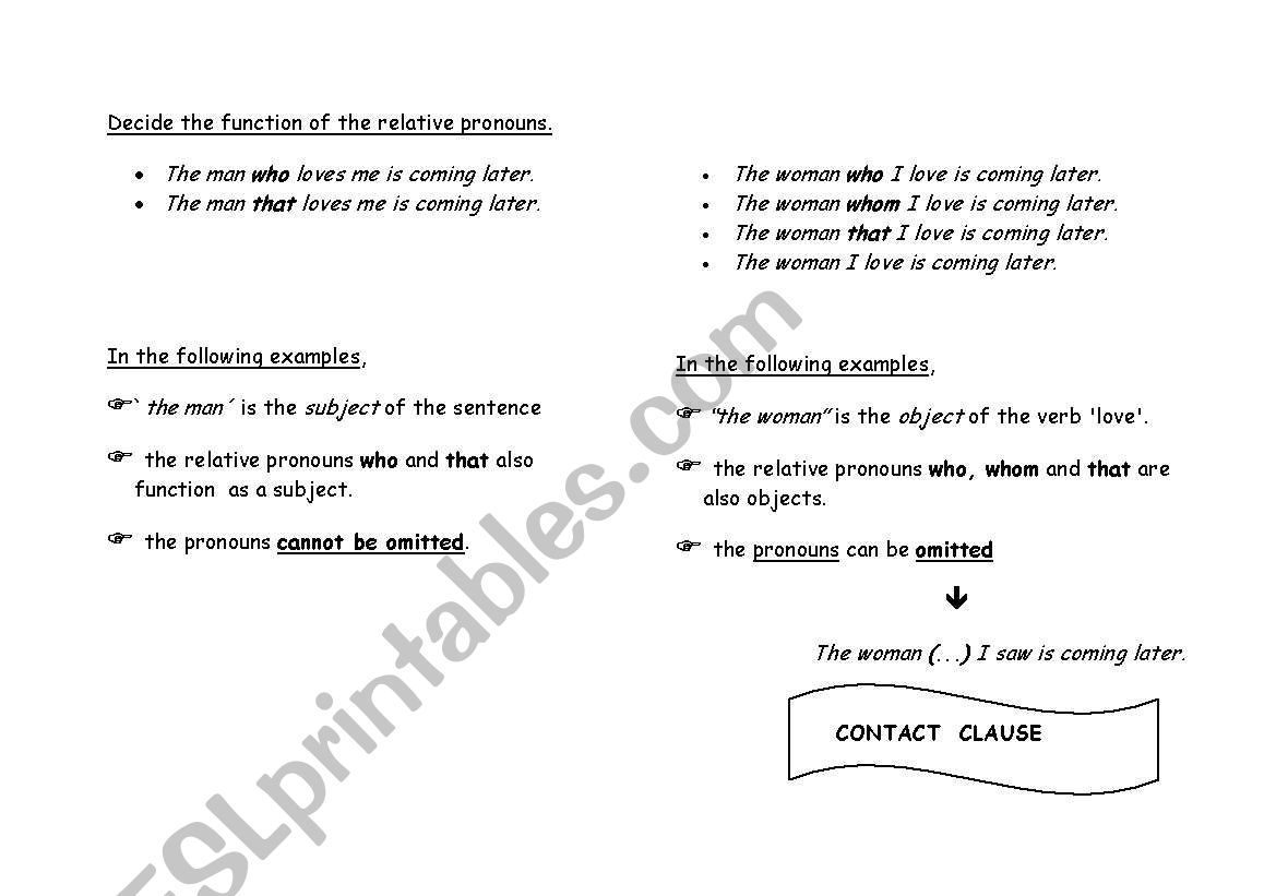 Defining relative clauses and contact clauses