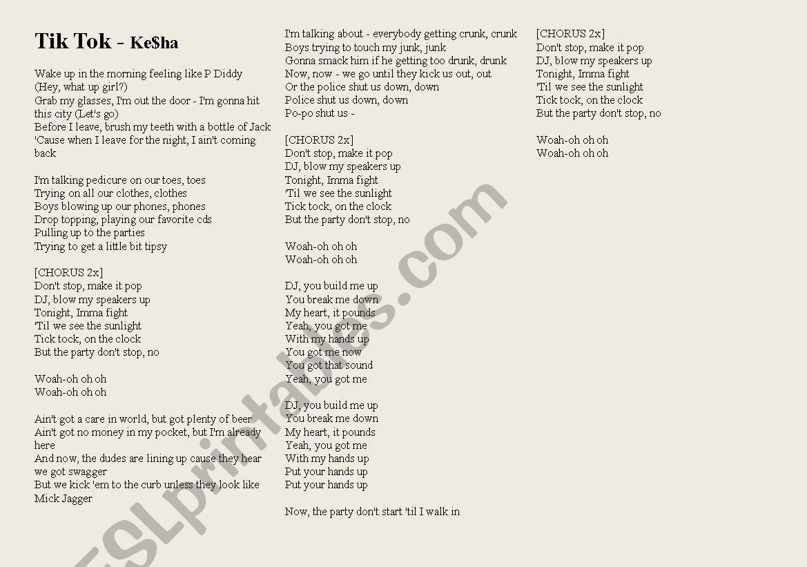 Song Ke Sha Tik Tok Esl Worksheet By Lwymax
