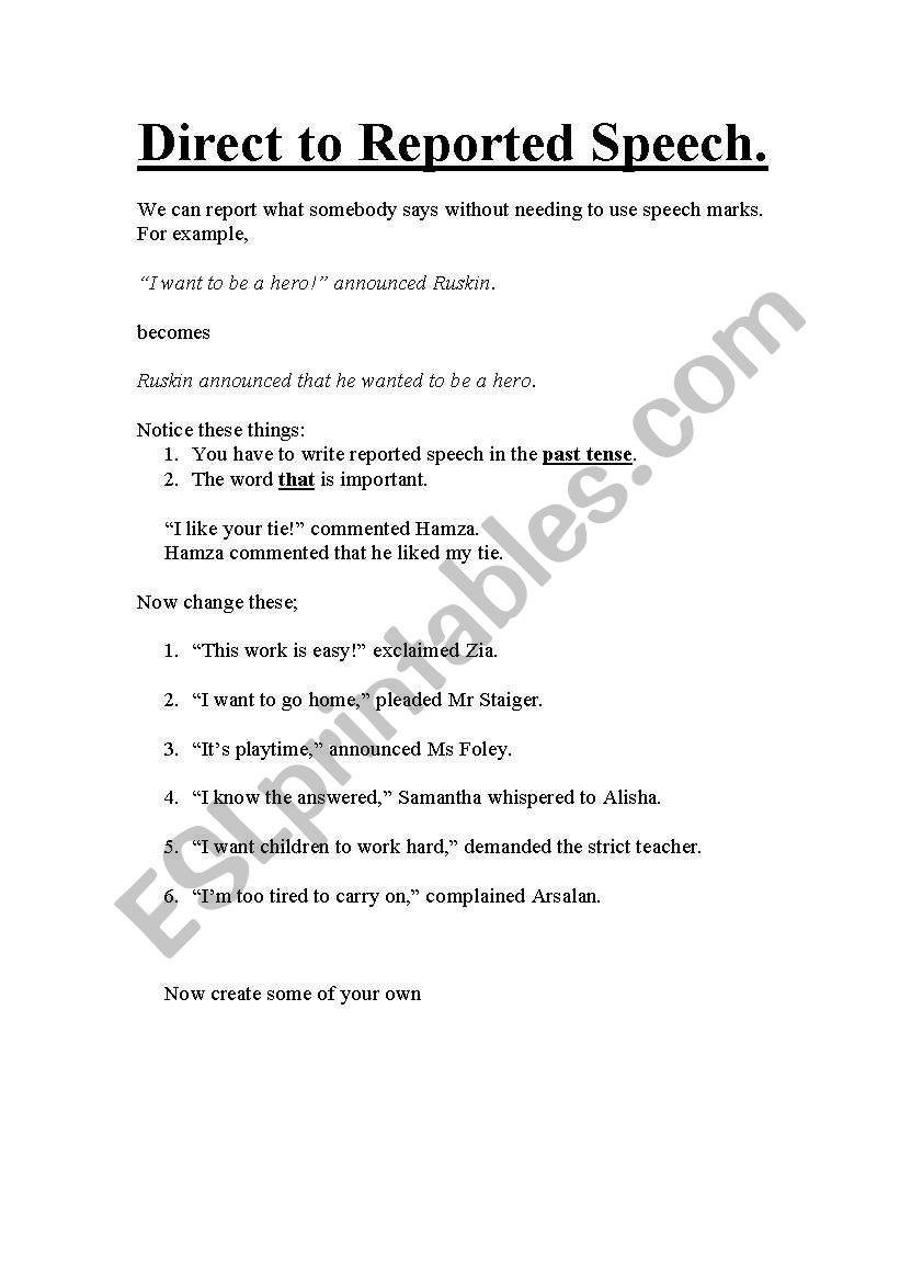direct to Reported speech worksheet