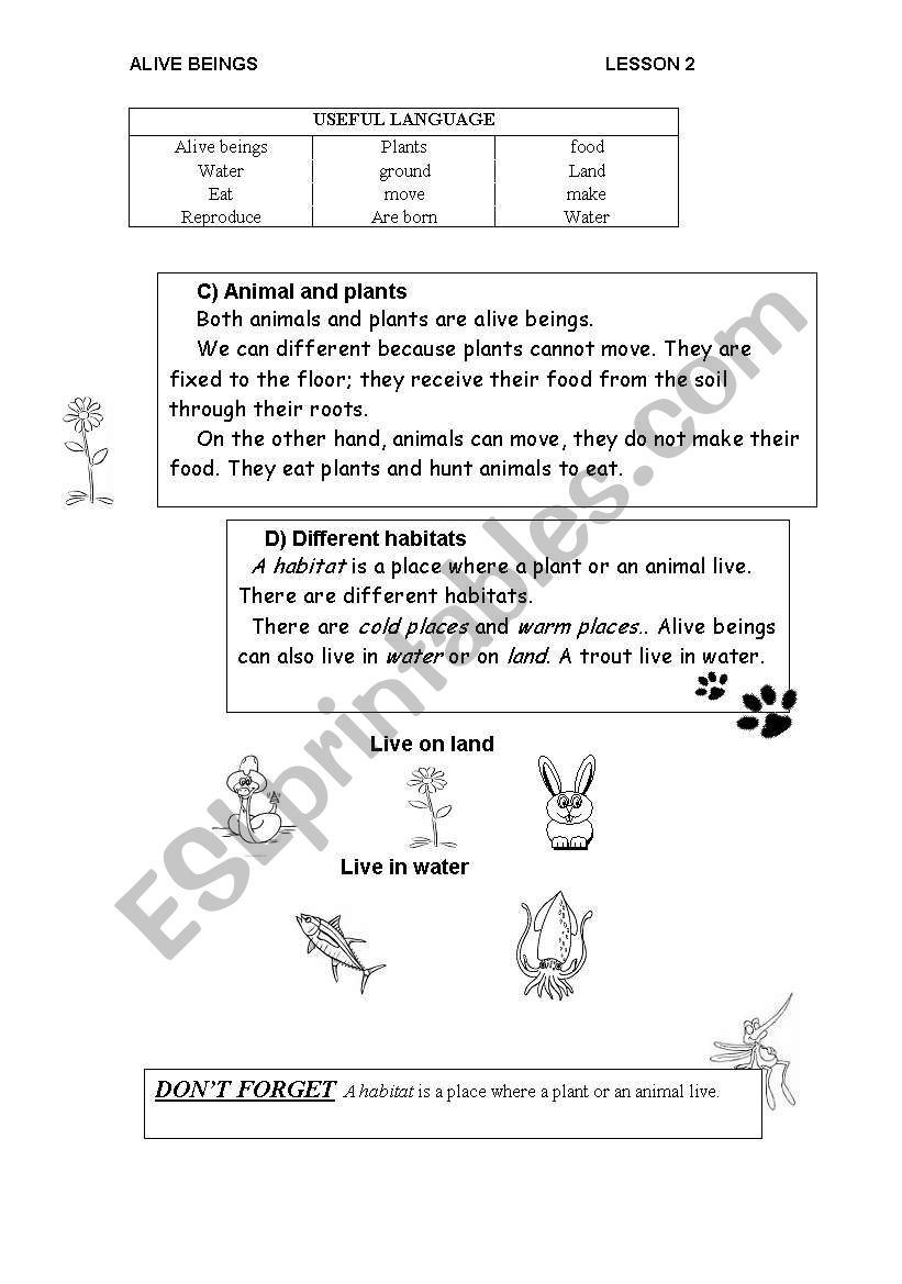 Alive beings in habitats worksheet