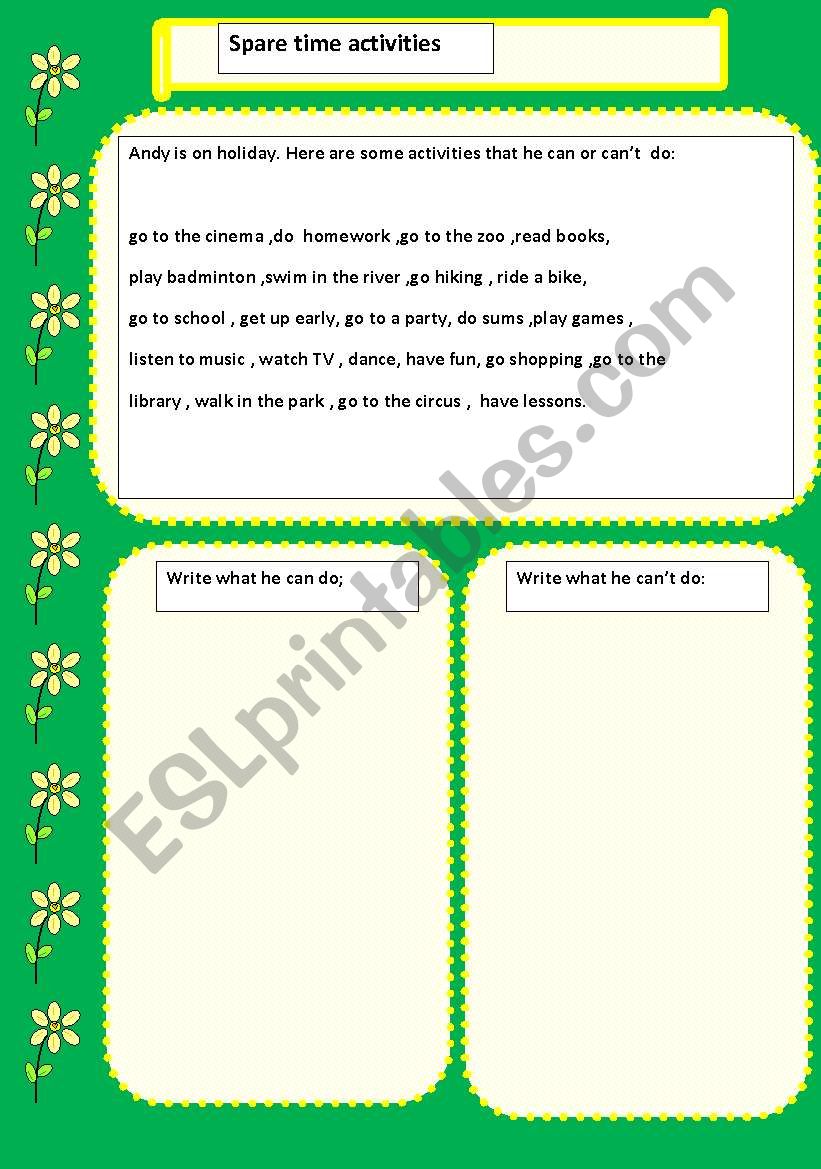 Spare time activities worksheet