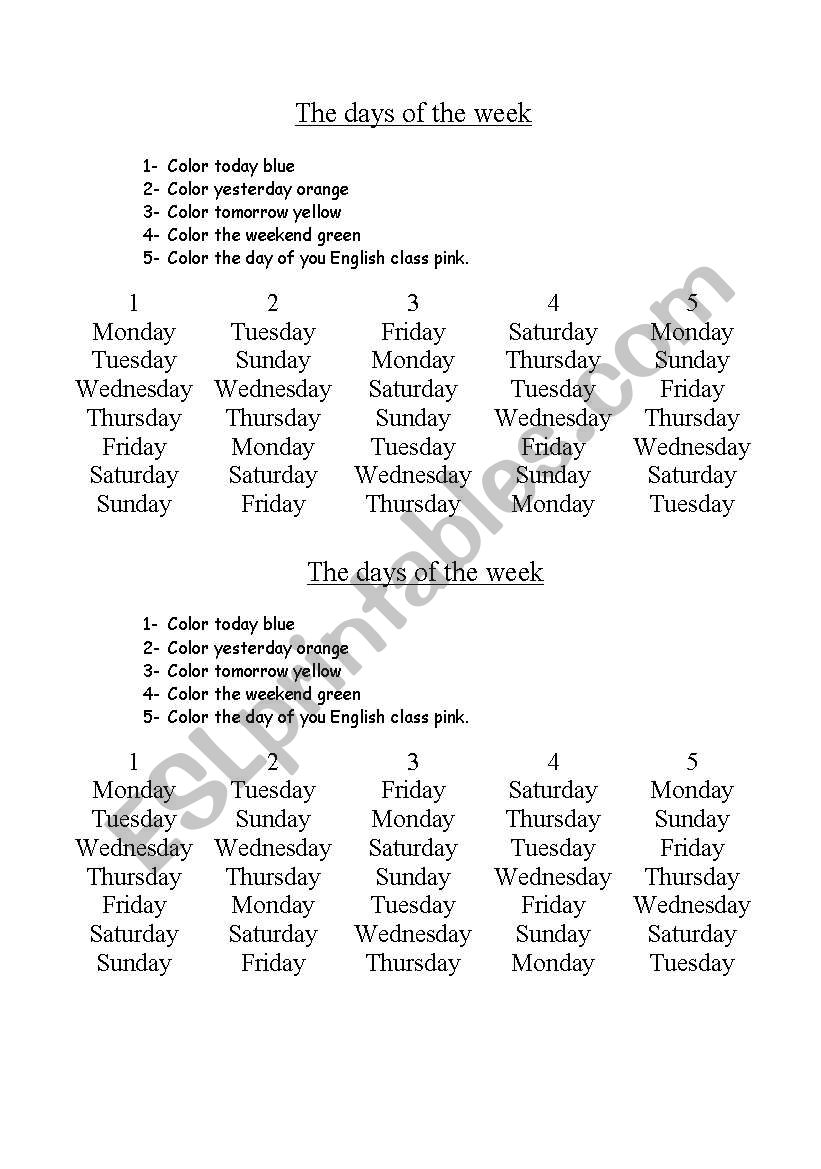 Days of the week worksheet