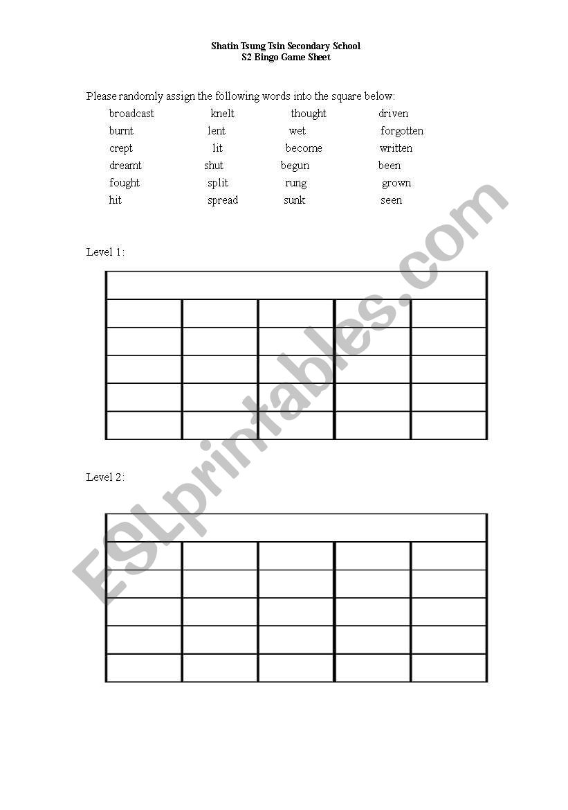 Irregular verb bingo game worksheet