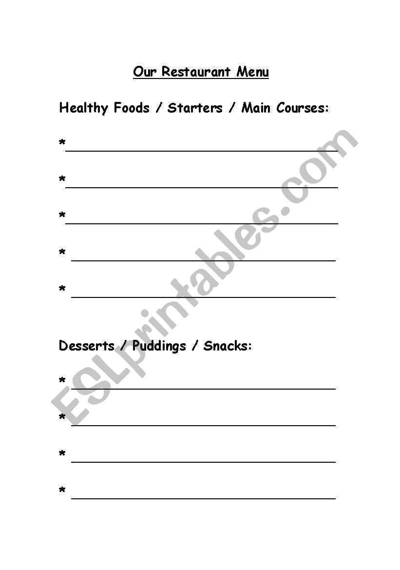 Menu ideas worksheet