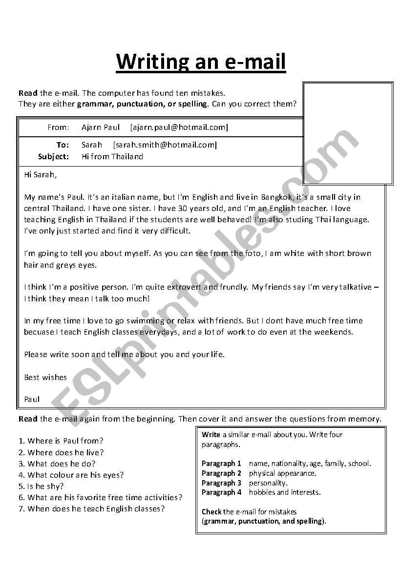 Email Writing ESL Worksheet By Ajarnpaul