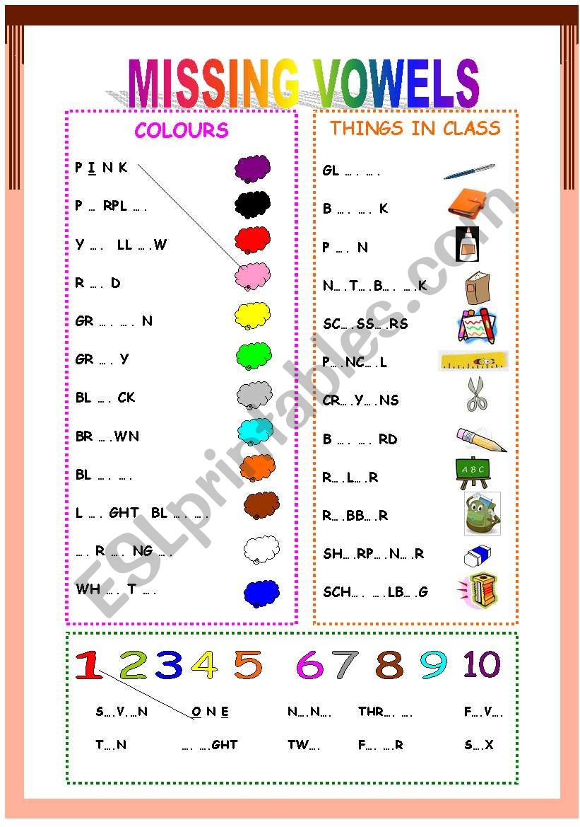 Complete the words with missing vowels. Complete the Words the missing Vowels thr_ll_r. Missing Vowels смс.