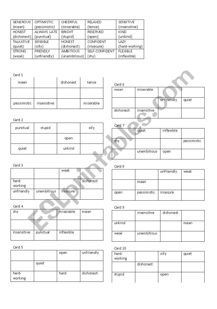 Domino_Character_Adjectives worksheet