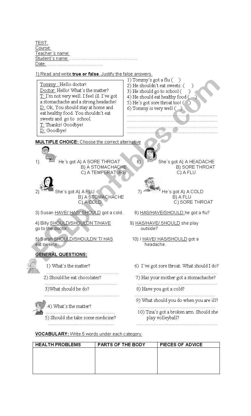 health problems worksheet