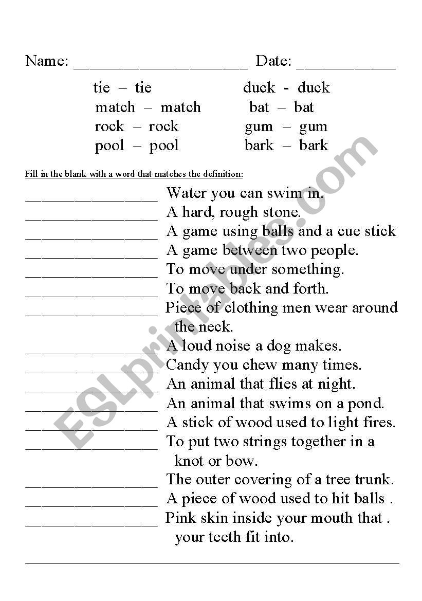 Match homonyms to definitions worksheet