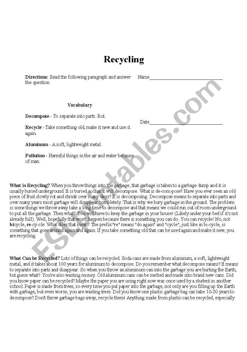 Recycling reading C worksheet