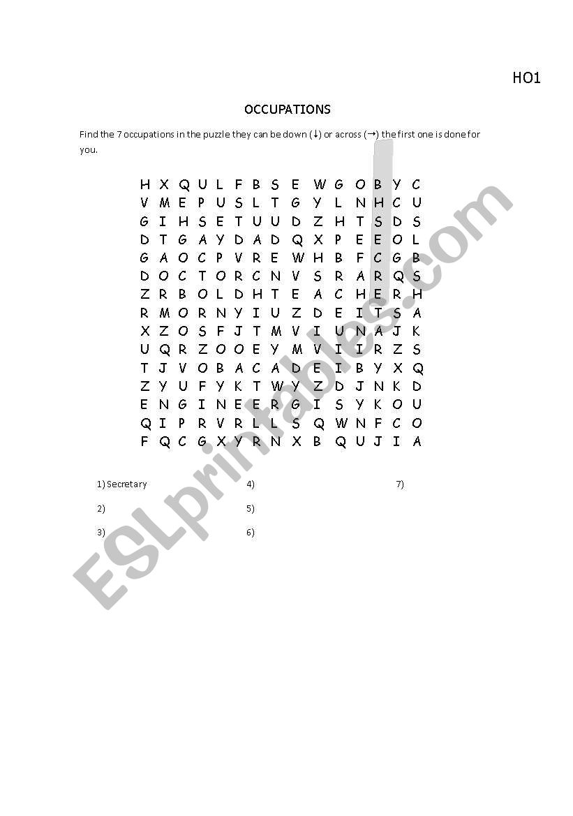 ocupation crossword worksheet